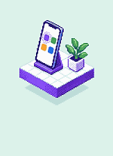 A pixel diorama: a phone on a stand showing app icons, one violet icon glowing as it is tapped