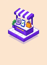 A pixel diorama: a small shop counter under a striped awning, with a QR card, a phone showing a green tick and a shopping bag