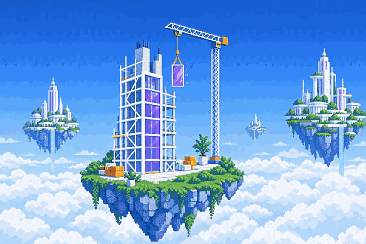 A pixel-art tower being built on a floating island above the clouds, with a crane lifting a violet glass panel into place and finished island cities in the distance